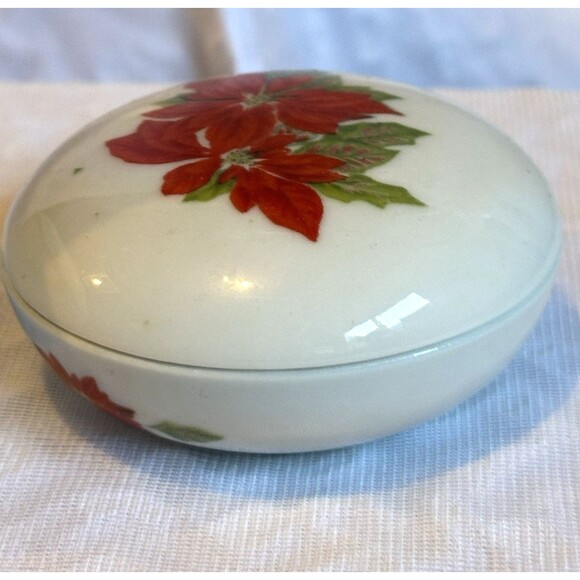 Cardinal red bird figure and poinsettia jewelry box bowls small cute knick knack - Picture 3 of 16